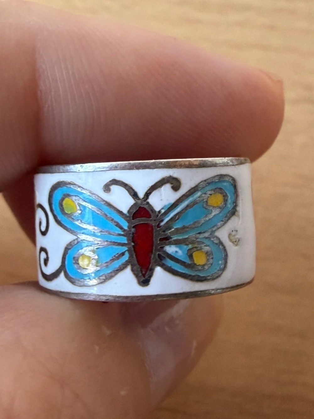 Vintage Sterling Silver White Cloisonne Enamel Multicolor Butterfly Band Ring